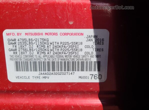 JA4AD2A32GZ027147 2016 MITSUBISHI OUTLANDER Red Вид наклейки з VIN-кодом