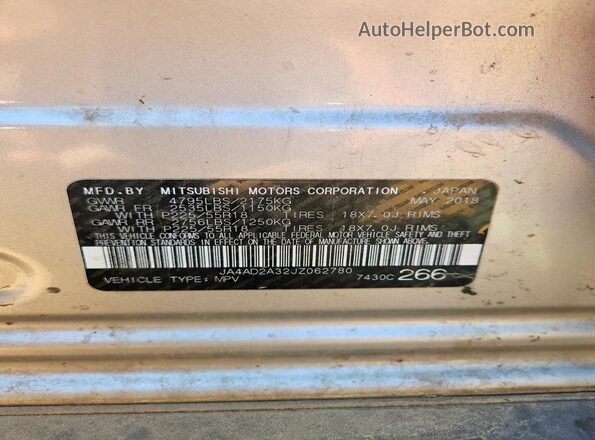 JA4AD2A32JZ062780 2018 MITSUBISHI OUTLANDER Silver VIN კოდის სტიკერის ხედი