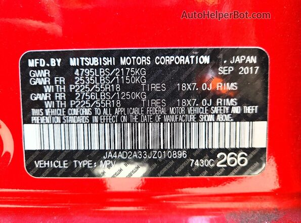 JA4AD2A33JZ010896 2018 MITSUBISHI OUTLANDER Красный Вид наклейки с VIN-кодом