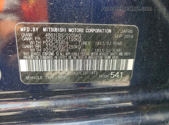JA4AD2A37LZ011973 2020 MITSUBISHI OUTLANDER Синий Панорамный вид салона 360°