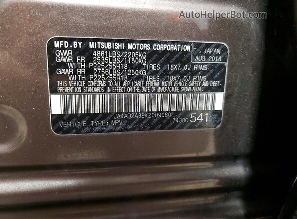 JA4AD2A39KZ009060 2019 MITSUBISHI OUTLANDER Серый Вид наклейки с VIN-кодом
