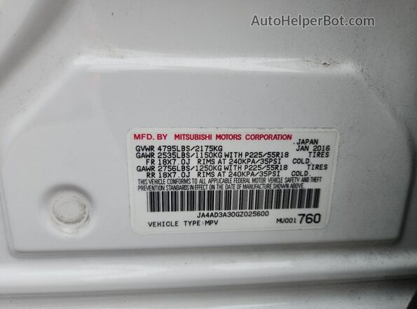 JA4AD3A30GZ025600 2016 MITSUBISHI OUTLANDER Белый Вид наклейки с VIN-кодом