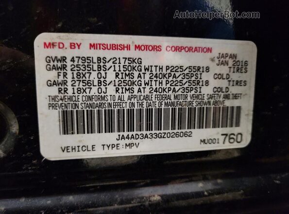 JA4AD3A33GZ026062 2016 MITSUBISHI OUTLANDER Черный Вид наклейки с VIN-кодом