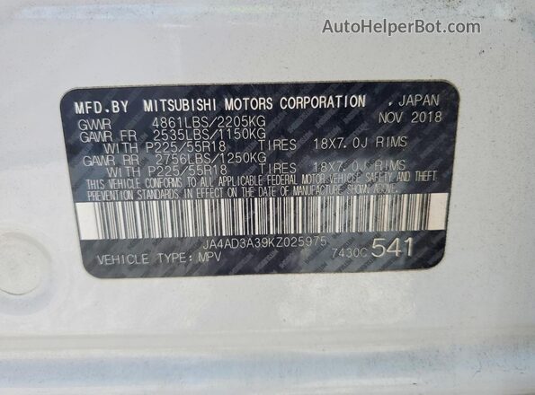 JA4AD3A39KZ025975 2019 MITSUBISHI OUTLANDER Белый Вид наклейки с VIN-кодом