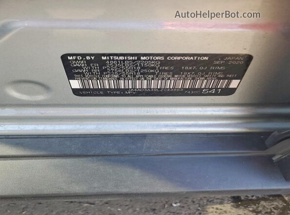 JA4AD3A39LZ043863 2020 MITSUBISHI OUTLANDER Серебряный Панорамный вид салона 360°