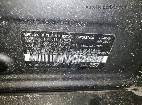 JA4AP3AU1KU033663 2019 MITSUBISHI OUTLANDER Gray Widok naklejki z numerem VIN