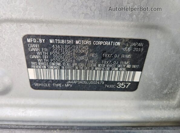 JA4AP3AU5LU002479 2020 MITSUBISHI OUTLANDER Серебряный Вид наклейки с VIN-кодом