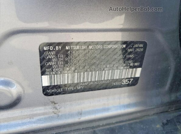 JA4AP3AUXLU030357 2020 MITSUBISHI OUTLANDER Серебряный Вид наклейки с VIN-кодом
