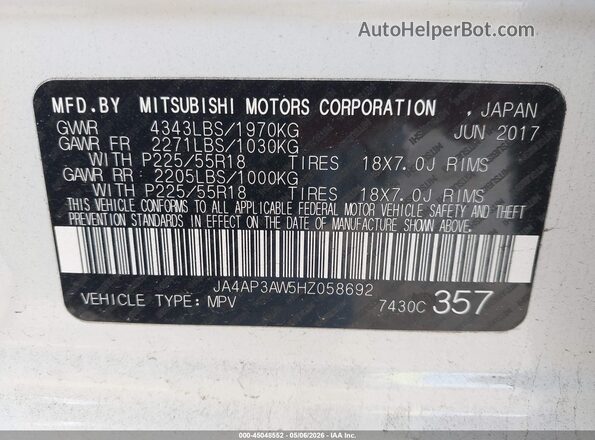 JA4AP3AW5HZ058692 2017 MITSUBISHI OUTLANDER SPORT Белый Вид подкапотного пространства