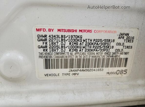 JA4AP4AW3GZ041653 2016 MITSUBISHI OUTLANDER White Vista de la etiqueta del VIN