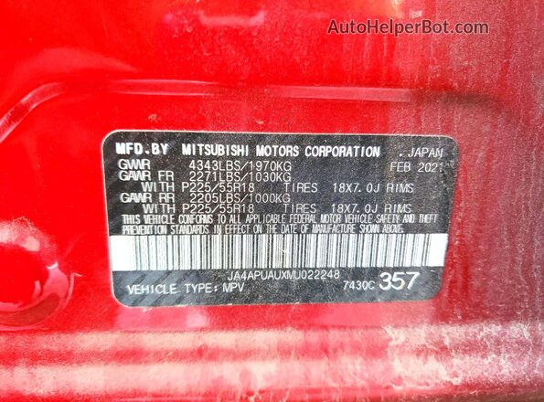 JA4APUAUXMU022248 2021 MITSUBISHI OUTLANDER Red VIN კოდის სტიკერის ხედი
