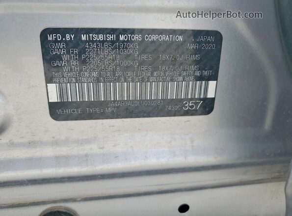 JA4AR3AU0LU030281 2020 MITSUBISHI OUTLANDER Серебряный Вид наклейки с VIN-кодом