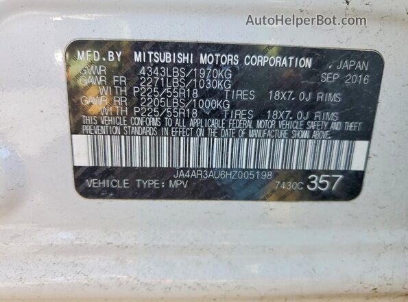JA4AR3AU6HZ005198 2017 MITSUBISHI OUTLANDER Белый Вид наклейки с VIN-кодом