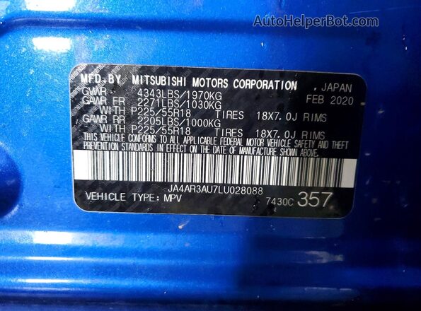JA4AR3AU7LU028088 2020 MITSUBISHI OUTLANDER Blue Vista interior de 360 grados