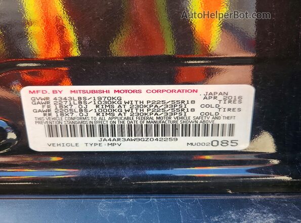 JA4AR3AW9GZ042259 2016 MITSUBISHI OUTLANDER Черный Вид наклейки с VIN-кодом
