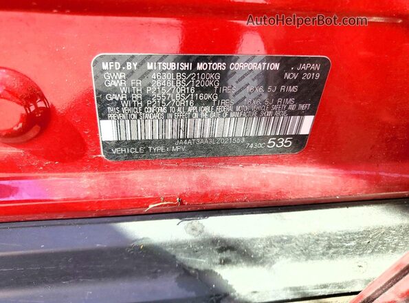 JA4AT3AA3LZ021553 2020 MITSUBISHI ECLIPSE Red Vista de la etiqueta del VIN