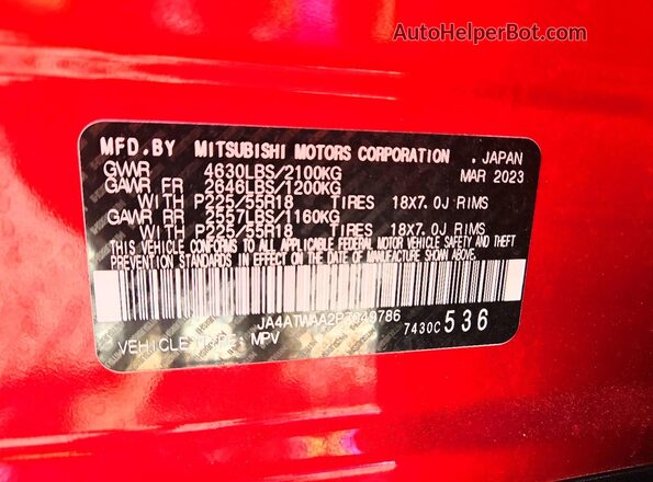 JA4ATWAA2PZ049786 2023 MITSUBISHI ECLIPSE Красный Вид наклейки с VIN-кодом