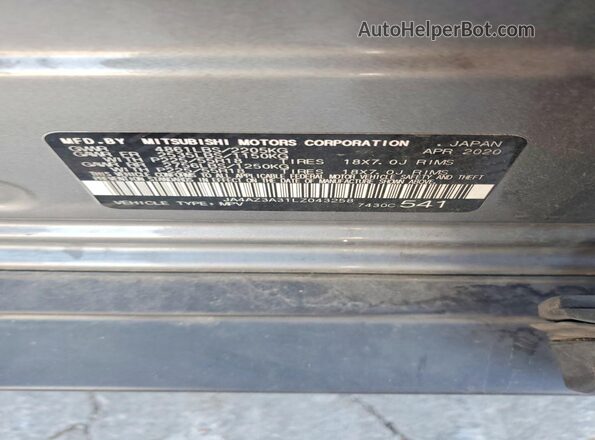 JA4AZ3A31LZ043258 2020 MITSUBISHI OUTLANDER Серый Вид наклейки с VIN-кодом