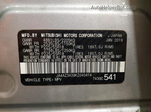 JA4AZ3A39KZ040414 2019 MITSUBISHI OUTLANDER Серебряный Вид наклейки с VIN-кодом