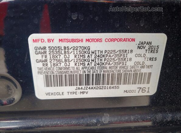 JA4JZ4AX2GZ016455 2016 MITSUBISHI OUTLANDER Black Vista de la etiqueta del VIN