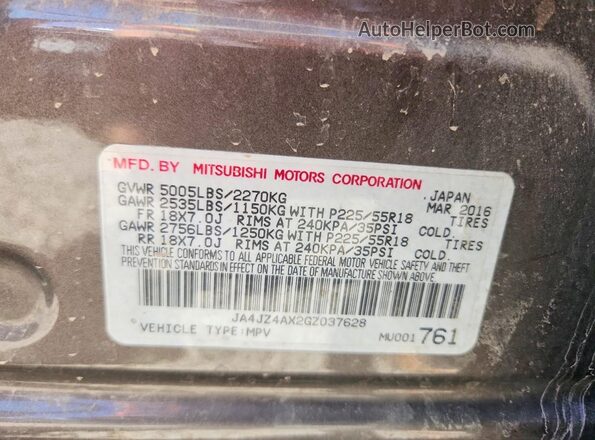 JA4JZ4AX2GZ037628 2016 MITSUBISHI OUTLANDER Коричневый Вид наклейки с VIN-кодом