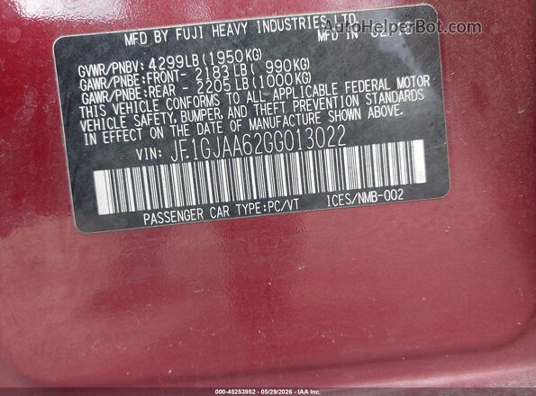 JF1GJAA62GG013022 2016 SUBARU IMPREZA Бордовый Вид подкапотного пространства