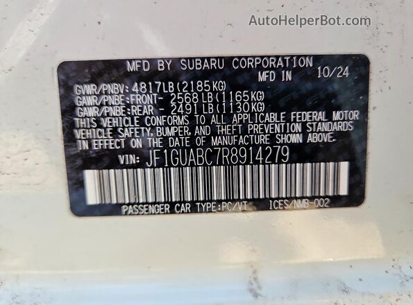 JF1GUABC7R8914279 2024 SUBARU IMPREZA White VIN sticker view