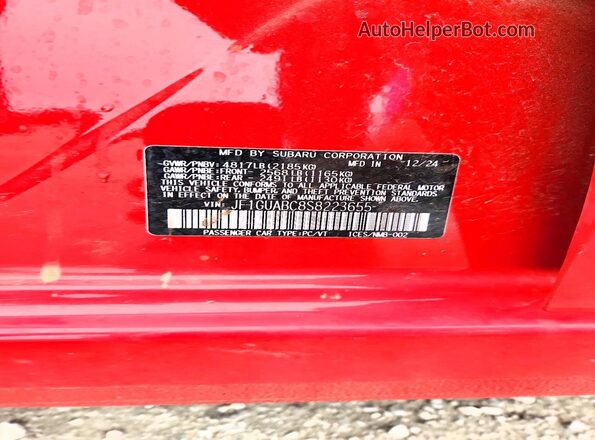 JF1GUABC8S8223655 2025 SUBARU IMPREZA Red Вид наклейки з VIN-кодом