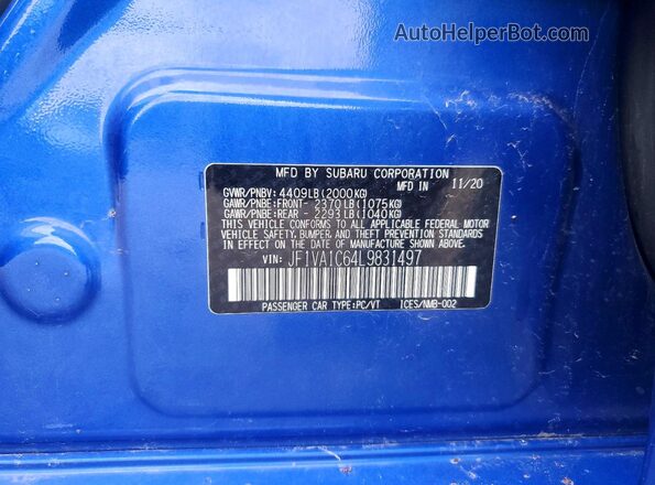 JF1VA1C64L9831497 2020 SUBARU WRX Синий Вид подкапотного пространства