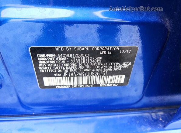 JF1VA2M67J9826151 2018 SUBARU WRX Blue Вид підкапотного простору