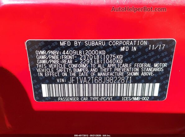 JF1VA2T68J9822871 2018 SUBARU WRX STI Красный Вид подкапотного пространства