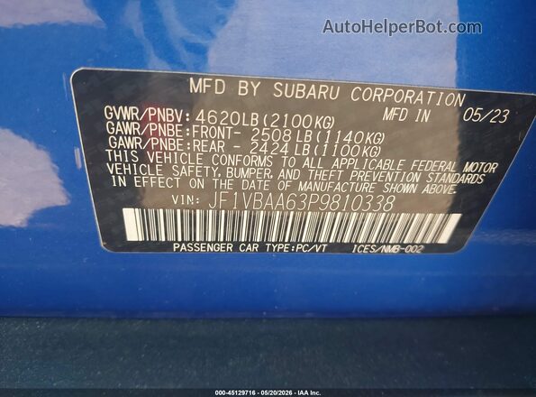 JF1VBAA63P9810338 2023 SUBARU WRX Blue Engine compartment view