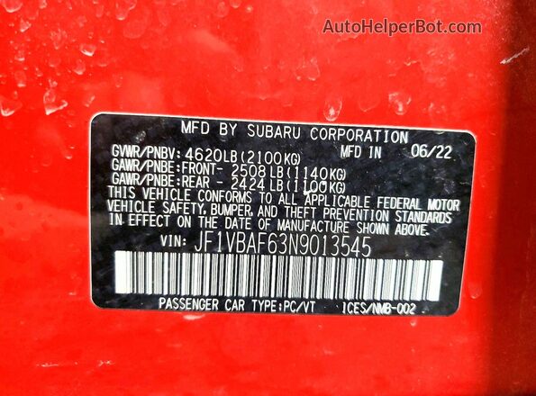 JF1VBAF63N9013545 2022 SUBARU WRX Red Engine compartment view