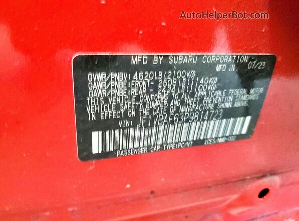 JF1VBAF63P9814723 2023 SUBARU WRX Red VIN კოდის სტიკერის ხედი
