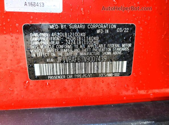 JF1VBAF67N9007439 2022 SUBARU WRX Red VIN sticker view