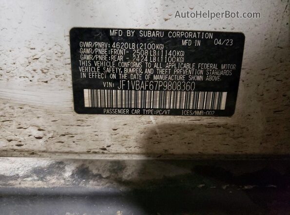 JF1VBAF67P9808360 2023 SUBARU WRX White VIN კოდის სტიკერის ხედი