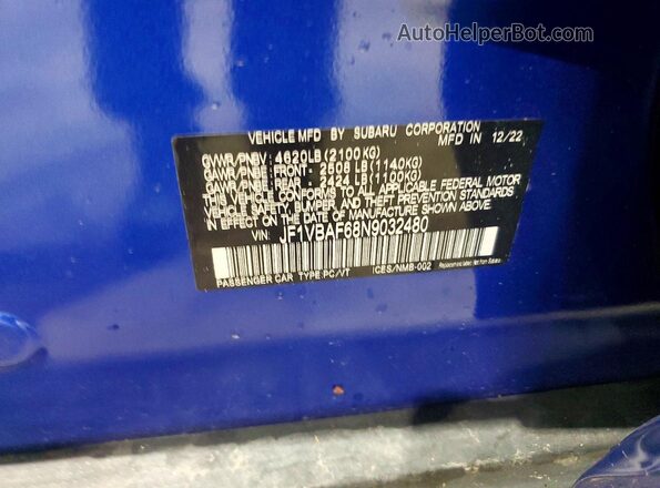 JF1VBAF68N9032480 2022 SUBARU WRX Синий Вид подкапотного пространства