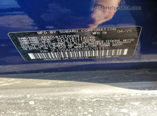JF1VBAH68S9802833 2025 SUBARU WRX Blue Vista del compartimento del motor