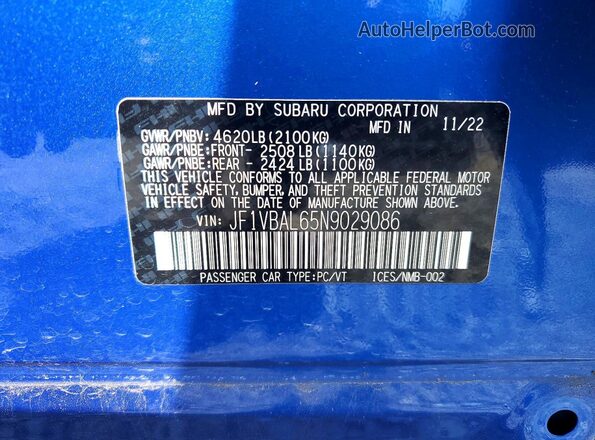 JF1VBAL65N9029086 2022 SUBARU WRX Blue VIN კოდის სტიკერის ხედი