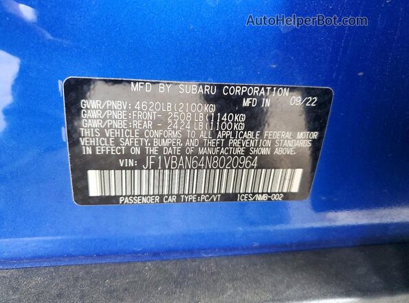 JF1VBAN64N8020964 2022 SUBARU WRX Blue Widok komory silnika