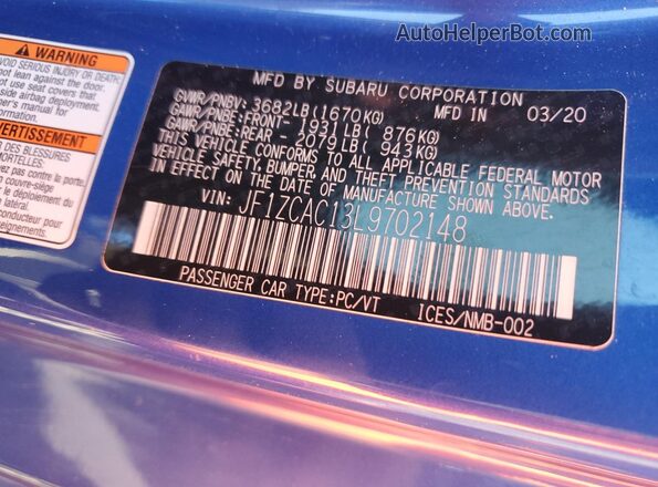 JF1ZCAC13L9702148 2020 SUBARU BRZ Blue Vista del compartimento del motor