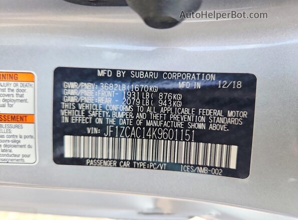 JF1ZCAC14K9601151 2019 SUBARU BRZ Silver VIN კოდის სტიკერის ხედი