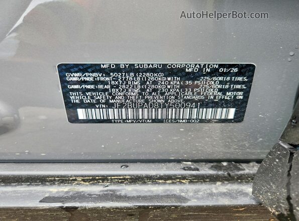 JF2BUPAD8TY500941 2026 SUBARU OUTBACK Silver Vista de la etiqueta del VIN