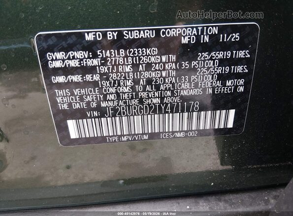 JF2BURGD2TY471178 2026 SUBARU OUTBACK Зеленый Вид подкапотного пространства