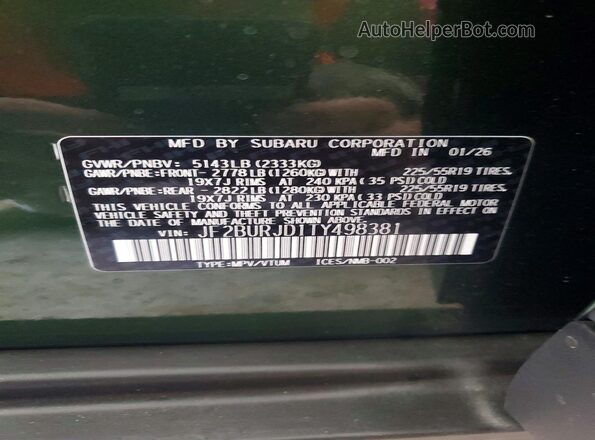 JF2BURJD1TY498381 2026 SUBARU OUTBACK Зеленый Вид наклейки с VIN-кодом