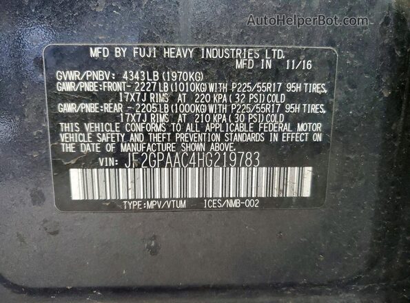 JF2GPAAC4HG219783 2017 SUBARU CROSSTREK Черный Вид наклейки с VIN-кодом