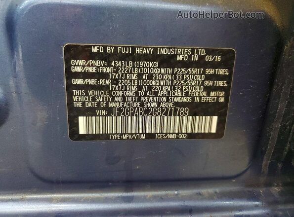 JF2GPABC2G8271789 2016 SUBARU CROSSTREK Blue VIN კოდის სტიკერის ხედი