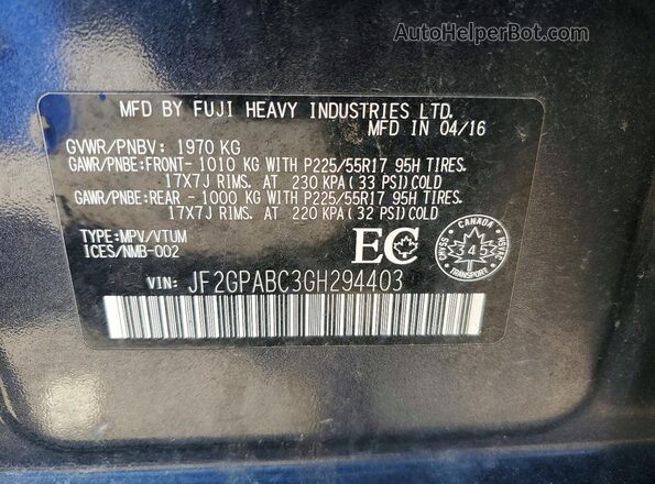 JF2GPABC3GH294403 2016 SUBARU CROSSTREK Blue Вид підкапотного простору