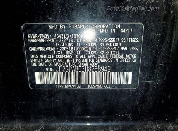 JF2GPABC3H8268949 2017 SUBARU CROSSTREK Black Vista de la etiqueta del VIN