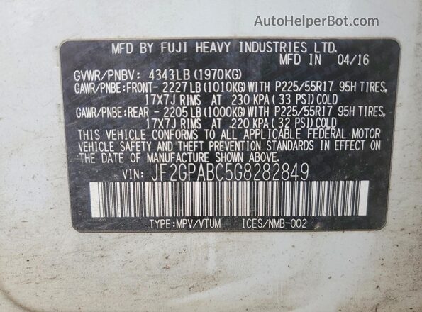 JF2GPABC5G8282849 2016 SUBARU OUTBACK White ძრავის განყოფილების ხედი